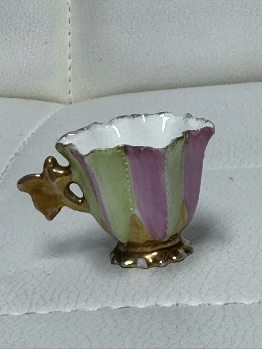Vintage Miniature Porcelain Teacup Pink and Green Hand Painted with Gold Trim